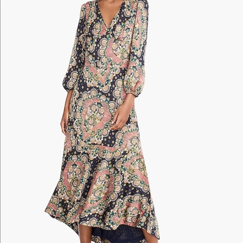 Point-Sur high low satin crepe paisley dress